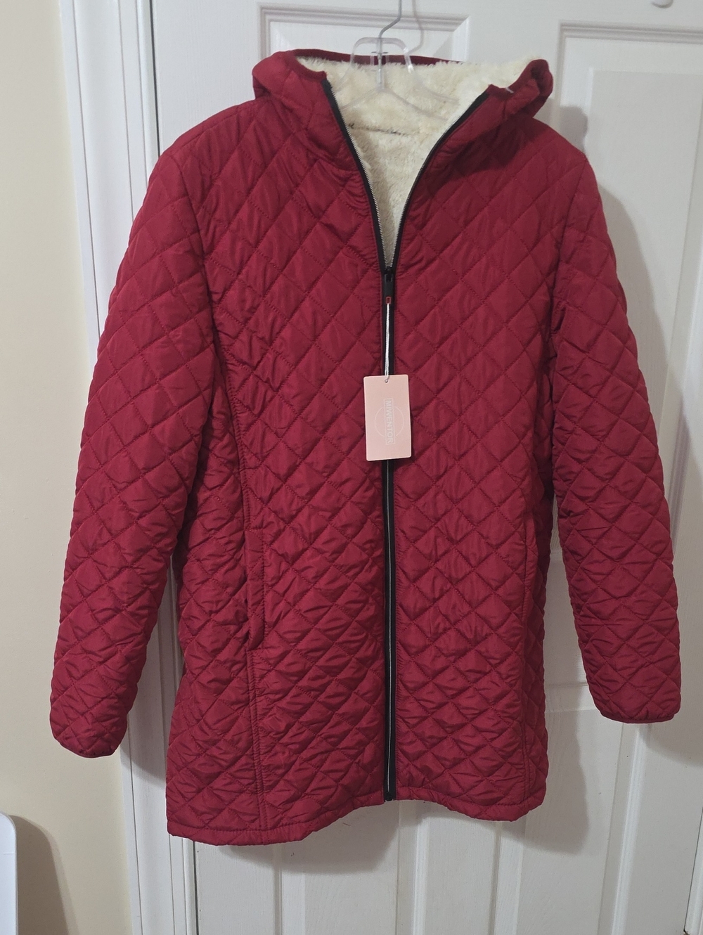 Quilted Red Hooded Puffer Coat with Sherpa Lining